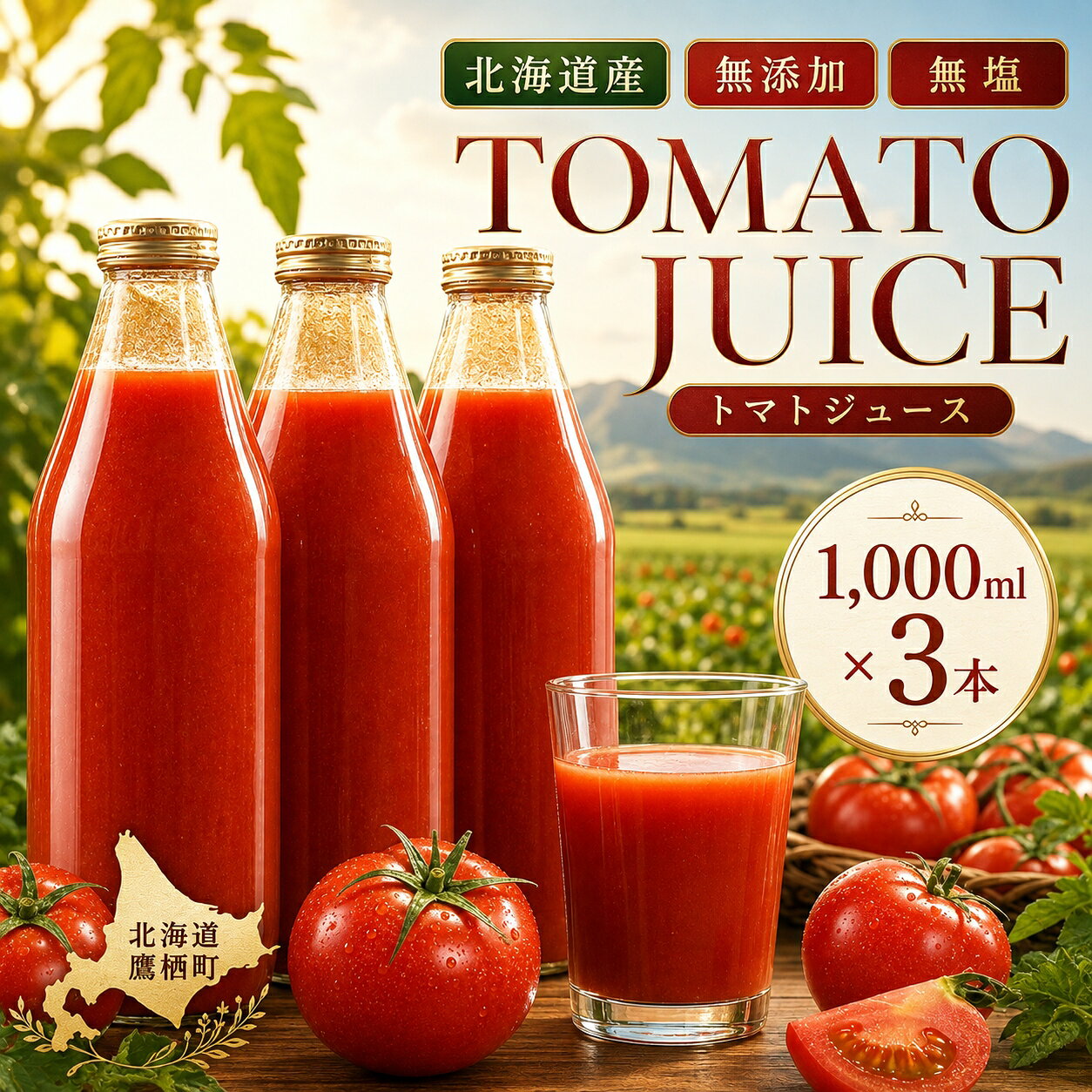 トマトジュース 北海道 鷹栖町 完熟トマト 1000ml 3本セット 果汁100％ 無添加 無塩 食塩不使用 北海道産 高級品 濃厚 産地直送 お取り寄せ 野菜ジュース ギフト 贈答用 プレゼント 高級ギフト 北海道グルメ 売り切れ次第販売終了 送料無料