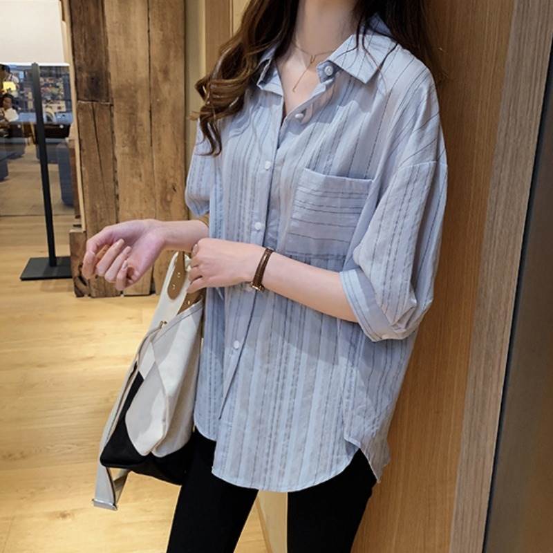Rakuten - 送料無料】クール ラフ こなれ感 大人女子 お洒落 シンプル 大きいサイズ ポケット ボタン 前開き ストレート 7分袖 トップス シャ