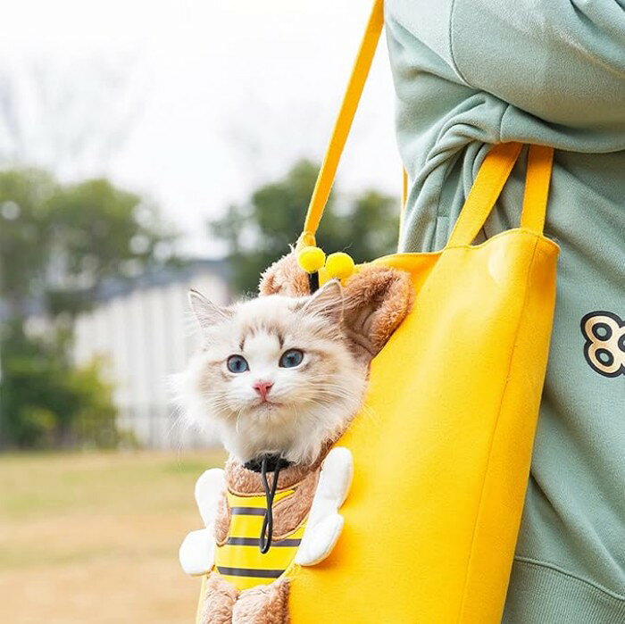 ブロッサムマート 楽天市場店のペットキャンバス ショルダーキャリーバッグ かわいい ハチ型猫キャリー サイズ ポータブル子猫&子犬トート 小型犬/猫/ペット用 ペットキャリーバッグ 犬 猫 トートキャリー トートバッグ 顔出し ペットキャリー ペットバッグ キャンバス 通気性 猫 小型犬 いぬ ねこ｜アングル3