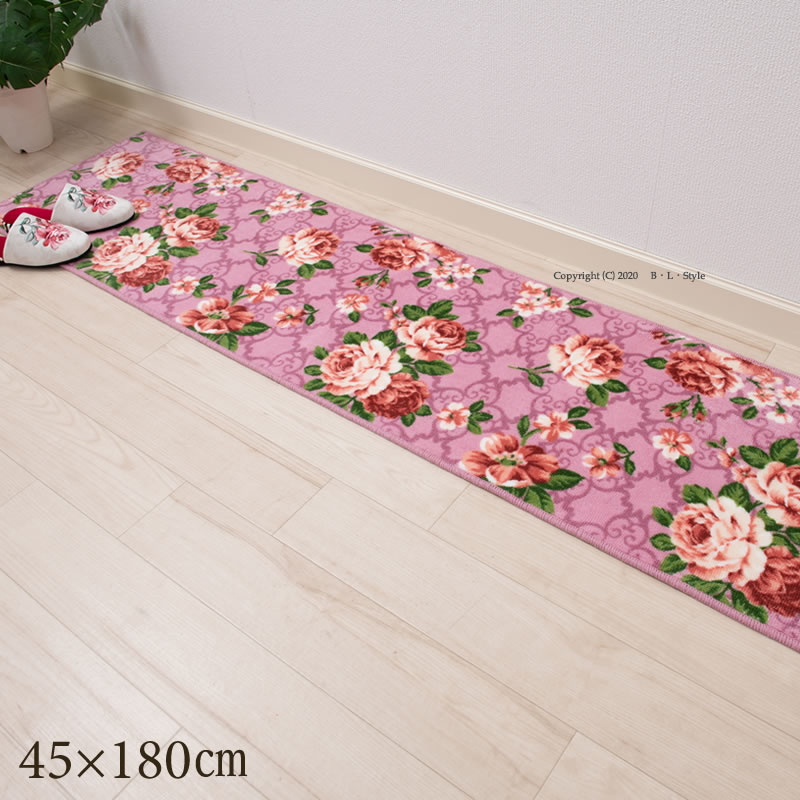 キッチンマット 45×180cm：マリア（アイボリー/ピンク） [キッチンマット 薄手 滑り止め加工 花柄 バラ]20AW