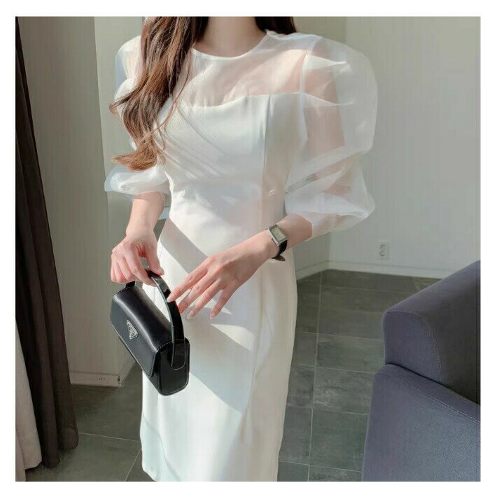 【店内全品SALE】 ハイウエスト シアー ドッキング ワンピース ドレス 清楚 きれいめ 結婚式 パーティー / レディース 上品 ボリュームスリーブ 長袖 タイト 二次会 オフィスカジュアル シースルー 膝丈 ミディアム丈 ナイトドレス 白 黒 ピンク ブラック ホワイト 春夏 秋冬