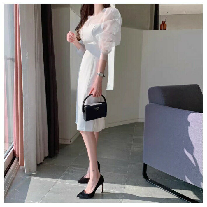 【店内全品SALE】 ハイウエスト シアー ドッキング ワンピース ドレス 清楚 きれいめ 結婚式 パーティー / レディース 上品 ボリュームスリーブ 長袖 タイト 二次会 オフィスカジュアル シースルー 膝丈 ミディアム丈 ナイトドレス 白 黒 ピンク ブラック ホワイト 春夏 秋冬