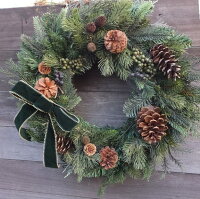 45cm グリーン・クリスマス送料無料・CT触媒・CT触媒のリース・造花のリースグリーンのリース・モミのリースクリスマスリース・お祝い・誕生日結婚祝い・ブライダル・ウエルカムボード枯れない花・外玄関のリース