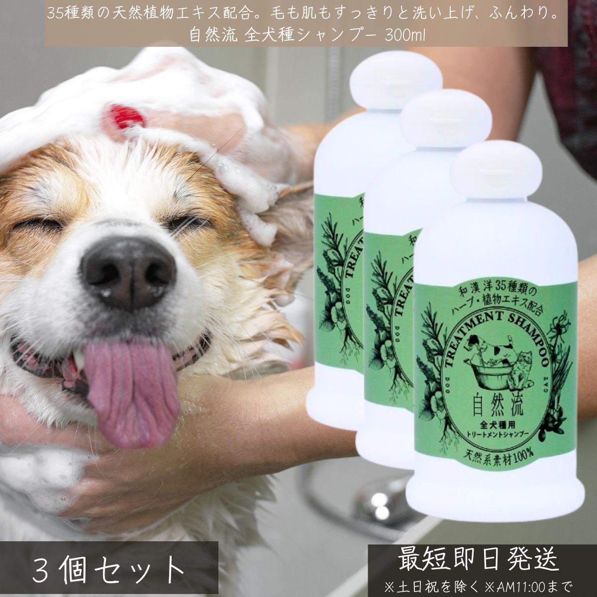 自然流 シャンプー 全犬種用 300ml ×3個セット │ 犬猫兼用 無添加 天然成分 漢方ハーブ配合 ふんわり仕上げ 保湿 日本製 全犬種 ペットシャンプー フケ ケア 長毛種 さらさら