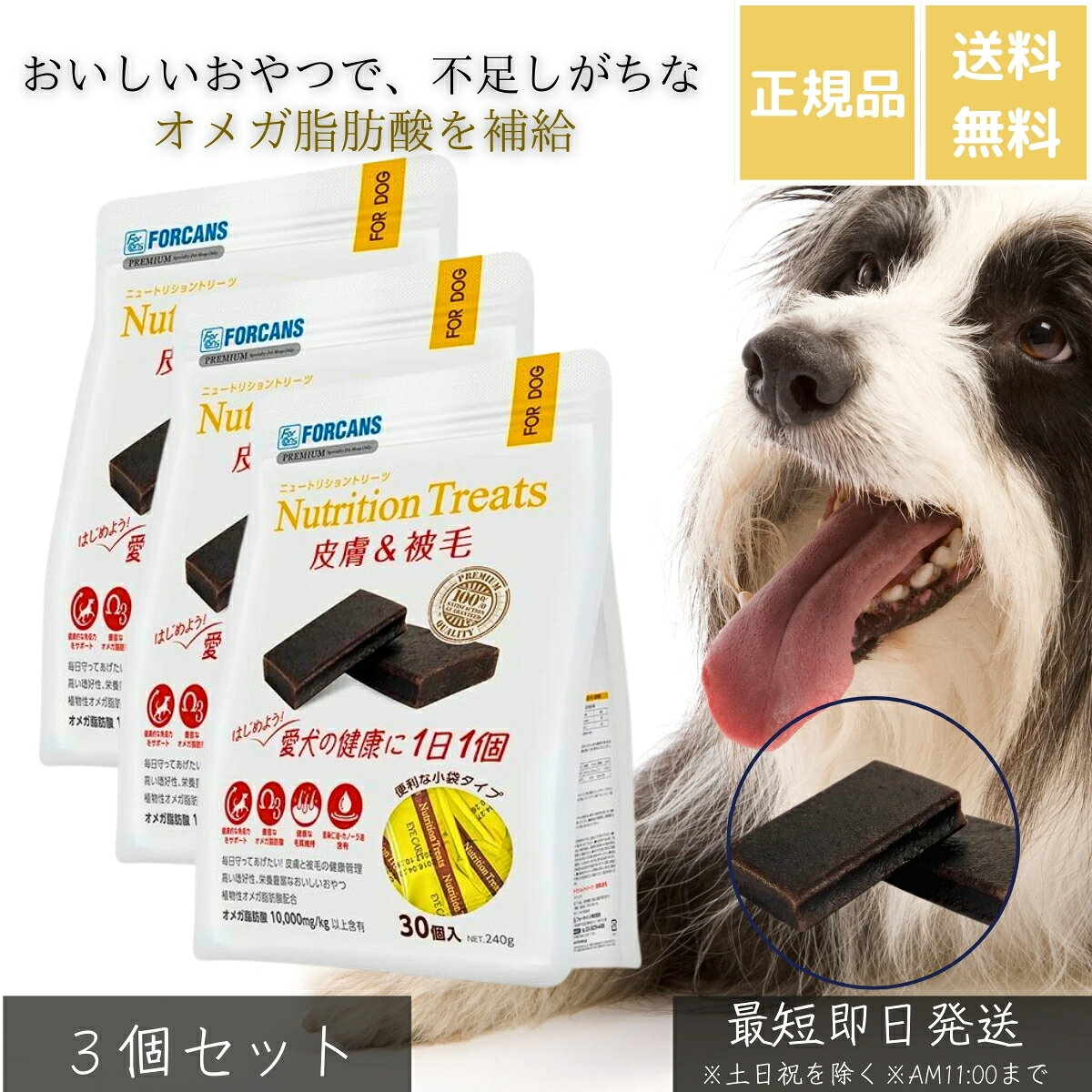 ニュートリショントリーツ 皮膚＆被毛 240g ×3個セット │ 犬用おやつ サプリメント オメガ3 オメガ6 必須脂肪酸 皮膚ケア 毛艶 健康維持 小袋タイプ 1日1個 栄養補給 無添加 愛犬用 【ギフト対応】 【ソーシャルギフト対応】 プレゼント blue-horizon-10013793 健康雑貨のお店「blue horizon」 パッケージ画像