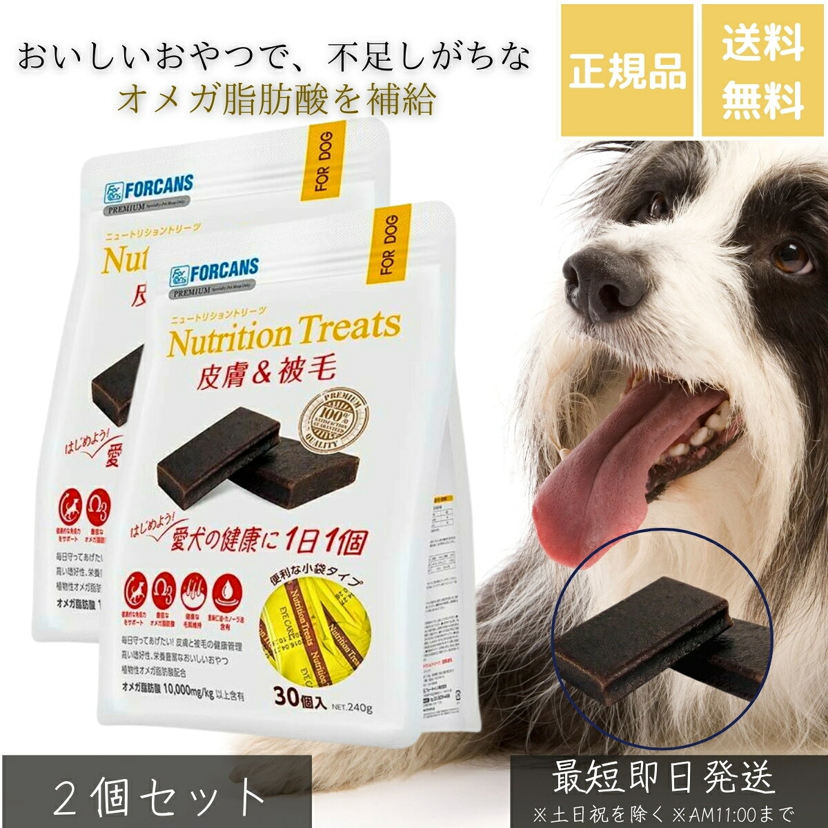 ニュートリショントリーツ 皮膚＆被毛 240g ×2個セット │ 犬用おやつ サプリメント オメガ3 オメガ6 必須脂肪酸 皮膚ケア 毛艶 健康維持 小袋タイプ 1日1個 栄養補給 無添加 愛犬用 【ギフト対応】 【ソーシャルギフト対応】 プレゼント blue-horizon-10013790 健康雑貨のお店「blue horizon」 パッケージ画像