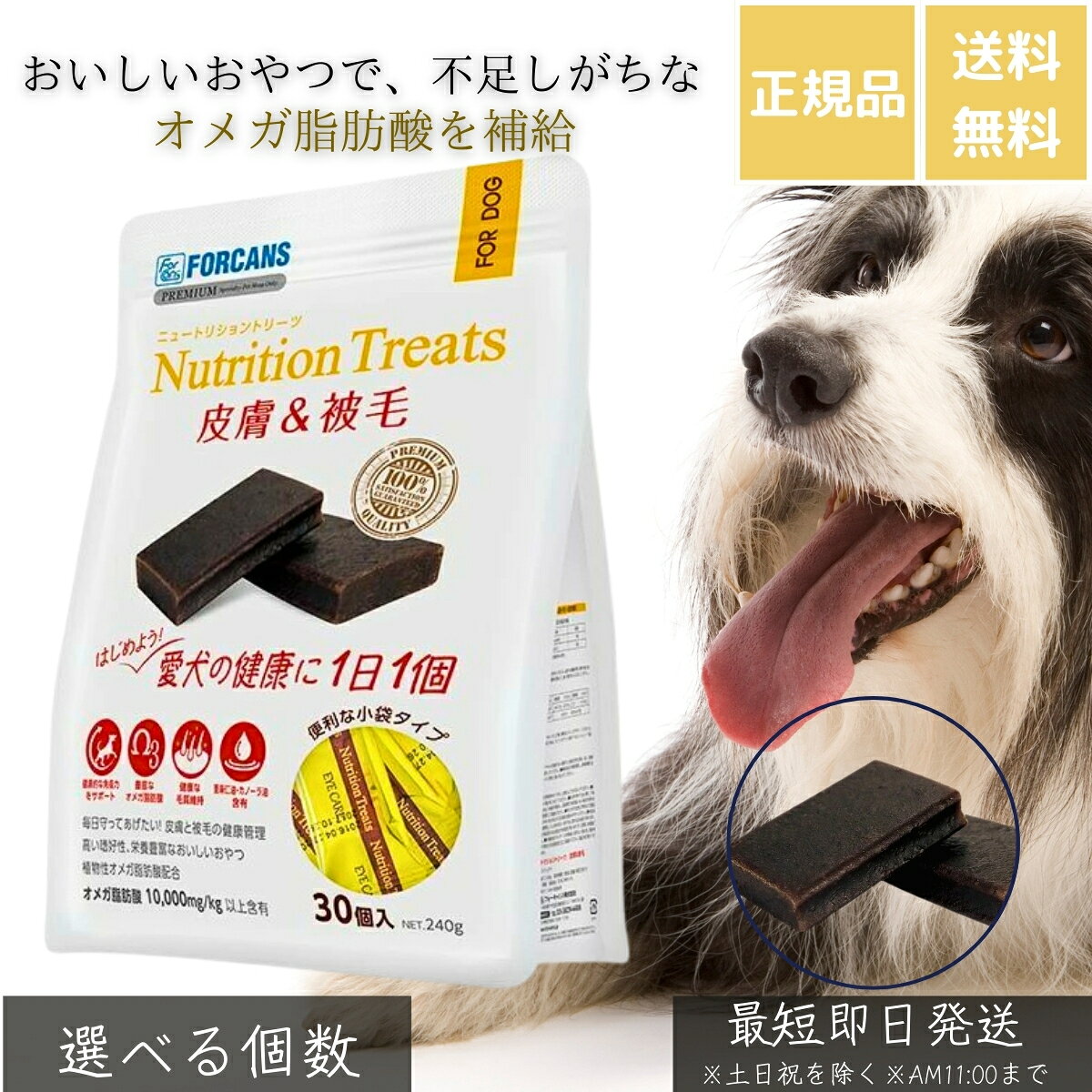 ニュートリショントリーツ 皮膚＆被毛 240g │ 犬用おやつ サプリメント オメガ3 オメガ6 必須脂肪酸 皮膚ケア 毛艶 健康維持 小袋タイプ 1日1個 栄養補給 無添加 愛犬用 【ギフト対応】 【ソーシャルギフト対応】 プレゼント blue-horizon-10013800 健康雑貨のお店「blue horizon」 パッケージ画像