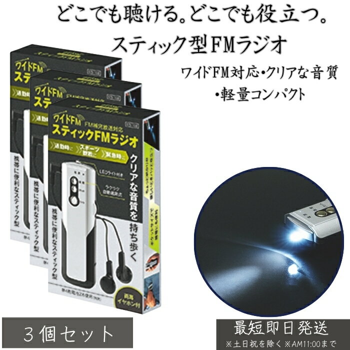 STI-108 スティックFMラジオ ×3個セット│ 携帯用 小型 軽量 ポケットラジオ FM受信 乾電池式 簡単操作 散歩 通勤 防災用 持ち歩き コンパクトラジオ シンプル設計 旅行 災害備蓄