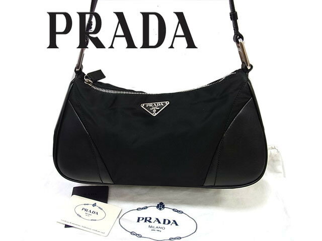 【中古】◇正規品 良品◇プラダ PRADA◇レザー切替 ショルダーバッグ ナイロンバッグ イタリア製 ブラック Gカード/保存袋付のサムネイル