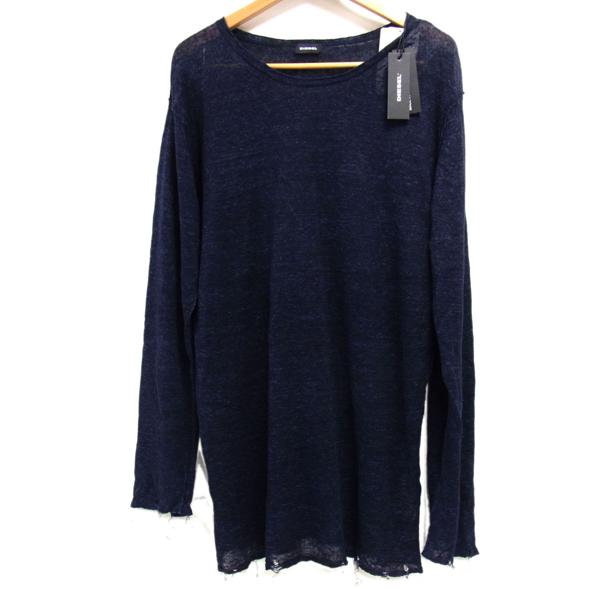 【未使用】☆DIESEL ディーゼル リネンニット セーター ダメージ加工 春物 薄手 イタリア製 メンズ ネイビー