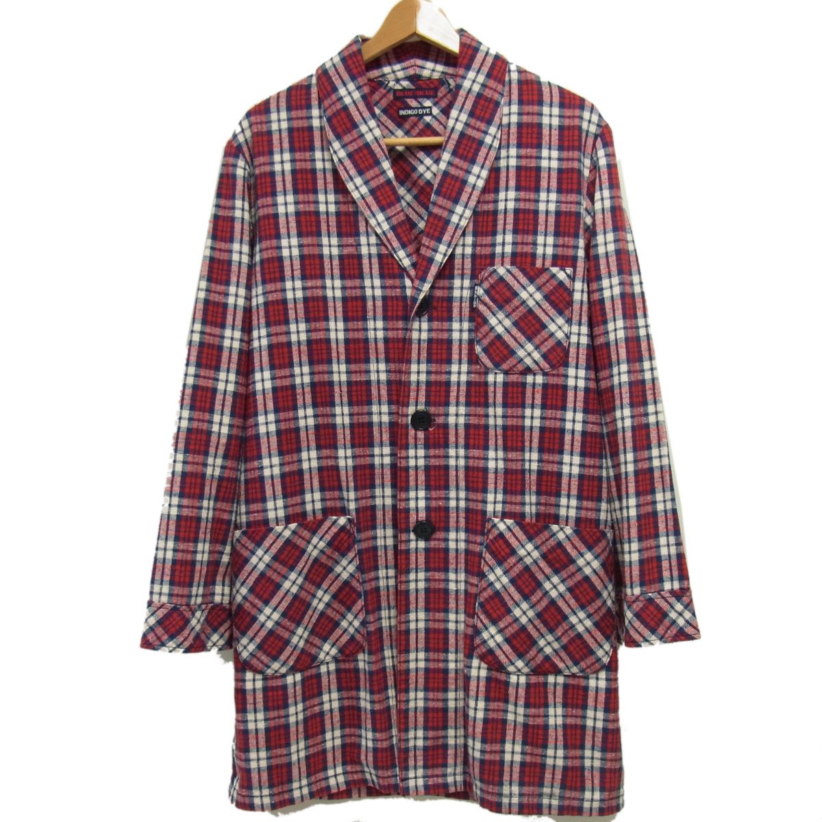 Rakuten - 【中古】☆BLUE BLUE INDIGO DYE ハリウッドランチマーケット チェック柄 ガウンコート 日本製 ハリラン ショールカラー ショップコート