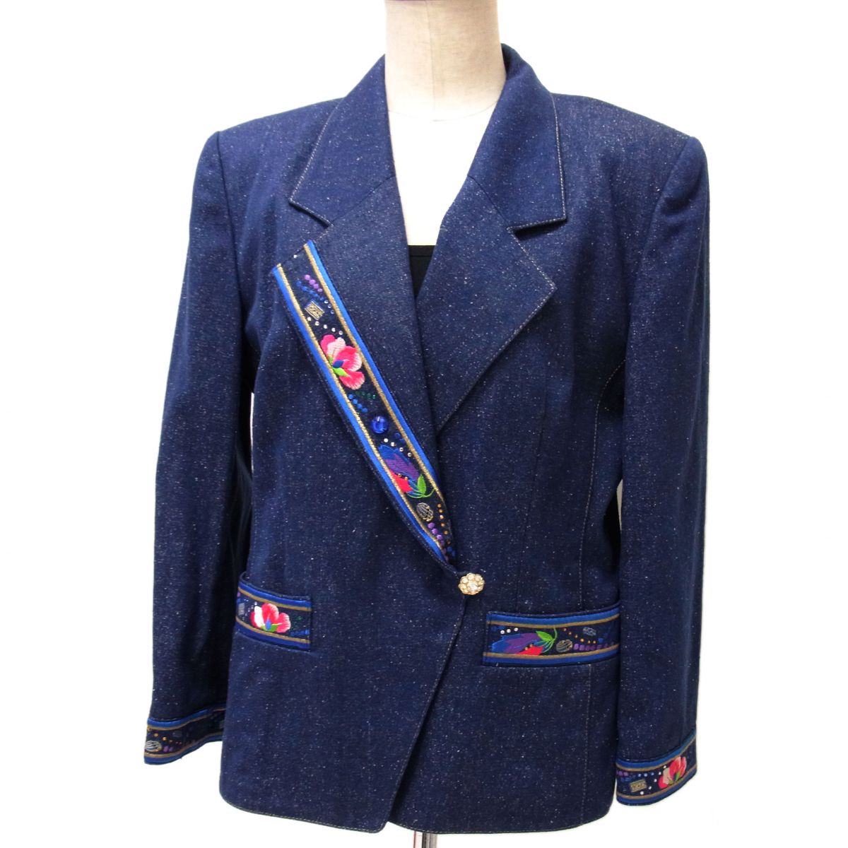 Rakuten - 【中古】☆LEONARD レオナール シルクデニム テーラードジャケット レディース 花柄刺繍 ライン装飾 シルク100％