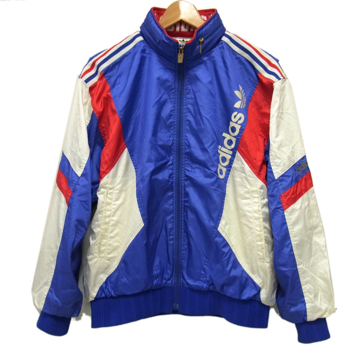 【中古】90s☆adidas アディダス トラックジャケット 古着 ジップジャケット ブルゾン デサント メンズ 襟元フード収納 ヴィンテージ
