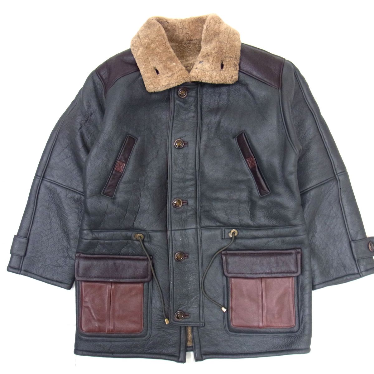 デッドストック品 メンズ リアルムートンコート くるみボタン タグ付き LL 灰 ページボーイ【S】フェイクムートンコート グレー もこもこ あったか