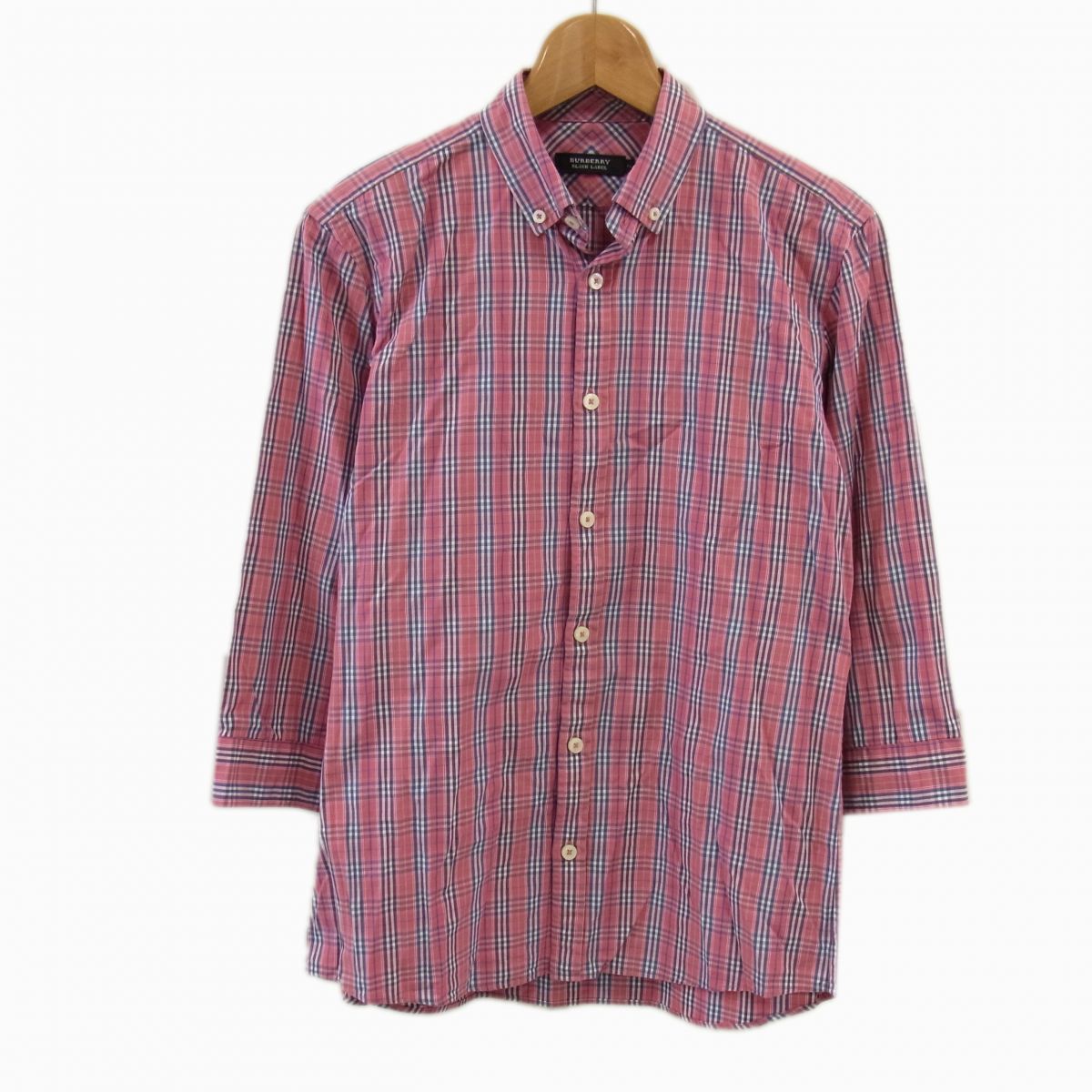 【中古】◇BURBERRY BLACKLABEL ボタンダウン七分袖 チェックシャツ 春カラー ロゴボタン バーバリー ブラックレーベル メンズ