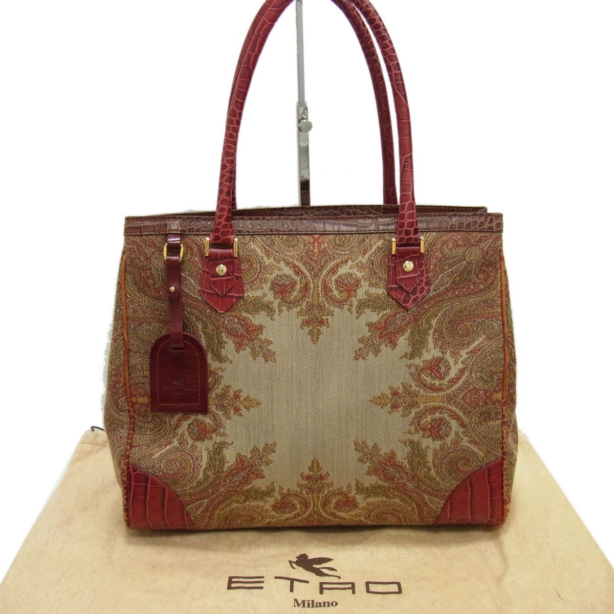 ETRO - 【中古】希少 ☆ETRO エトロ ハンドバッグ ペイズリー柄 トートバッグ クロコ型押し レザー切替 ジャガード キャンバス イタリア製