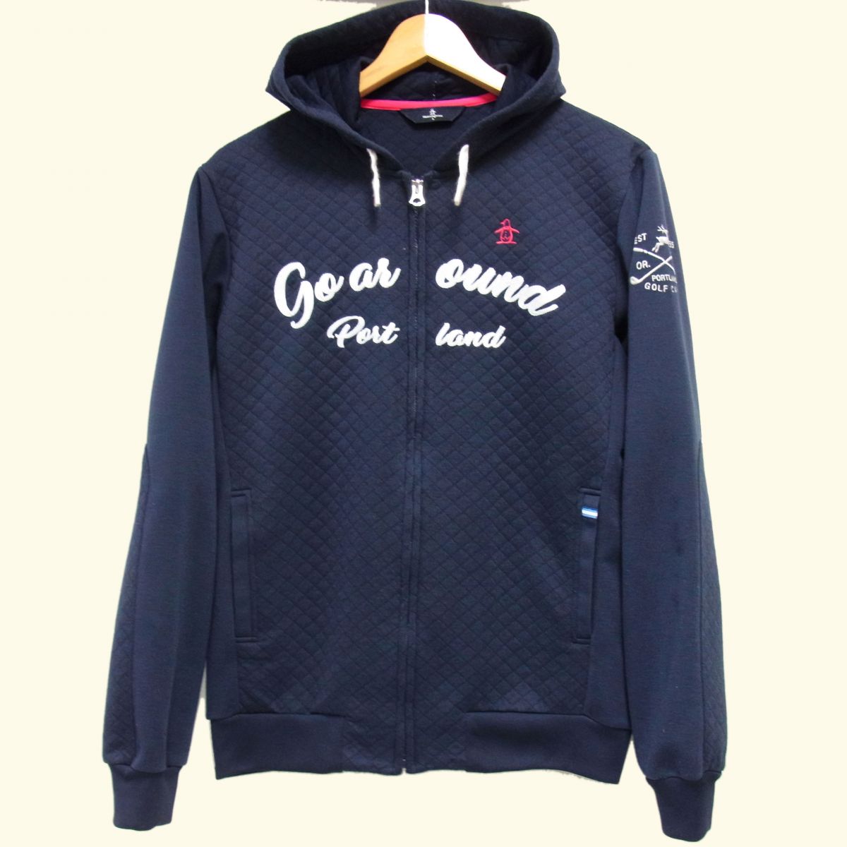 【中古】☆MUNSINGWEAR マンシングウェア キルティング スウェット フルジップ パーカー メンズ L ネイビー デサント JWMK555 ゴルフウェア