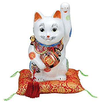 Rakuten - 九谷焼　9号小槌持招き猫（左手人お客招き猫）白盛