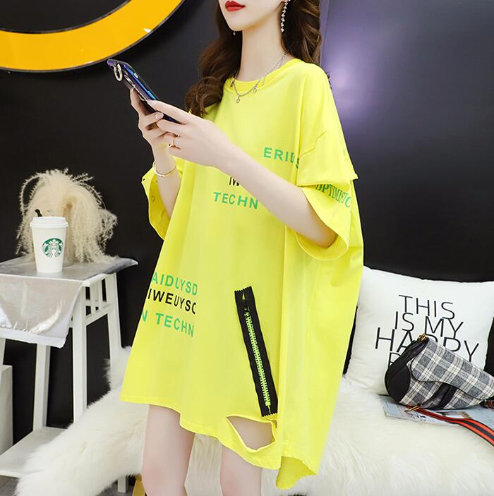ダメージTシャツ　フリル　Tシャツワンピース　ロングTシャツ　ダメージ　オーバーサイズ　 ゆったりTシャツ 　ロゴ　半袖　ロング　 大きいサイズ　クルーネック　ビッグシルエット　体型カバ?　M　L　2L