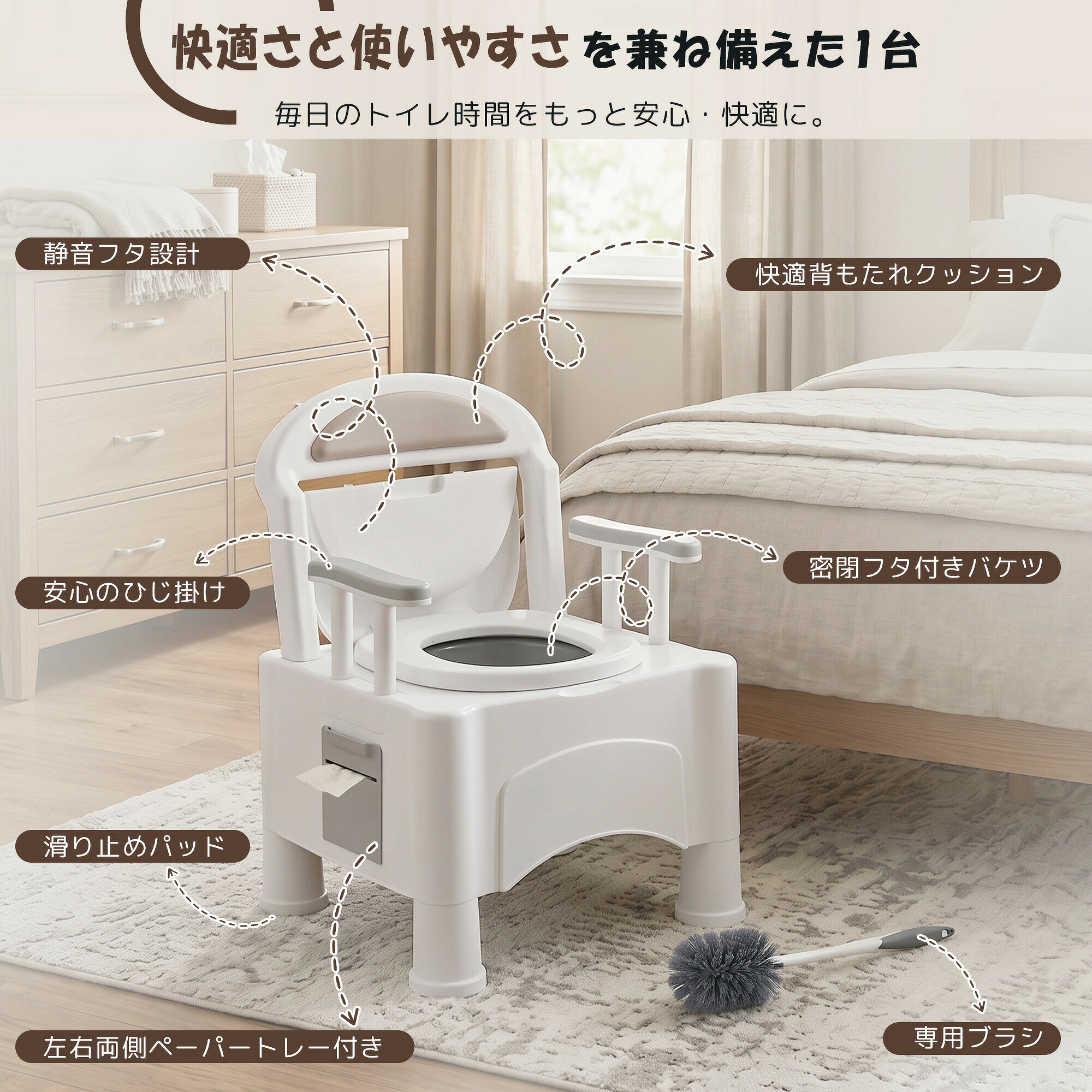 ポータブルトイレ 耐荷重170kg 背もたれ・手すり付き ペーパートレー搭載 滑り止めパッド 蓋付きバケツ 付属ブラシ 組み立て簡単 高齢者向け 介護用簡易トイレ 屋内用便座 bluebeads-10009656 ブルービーズ サンプル画像3