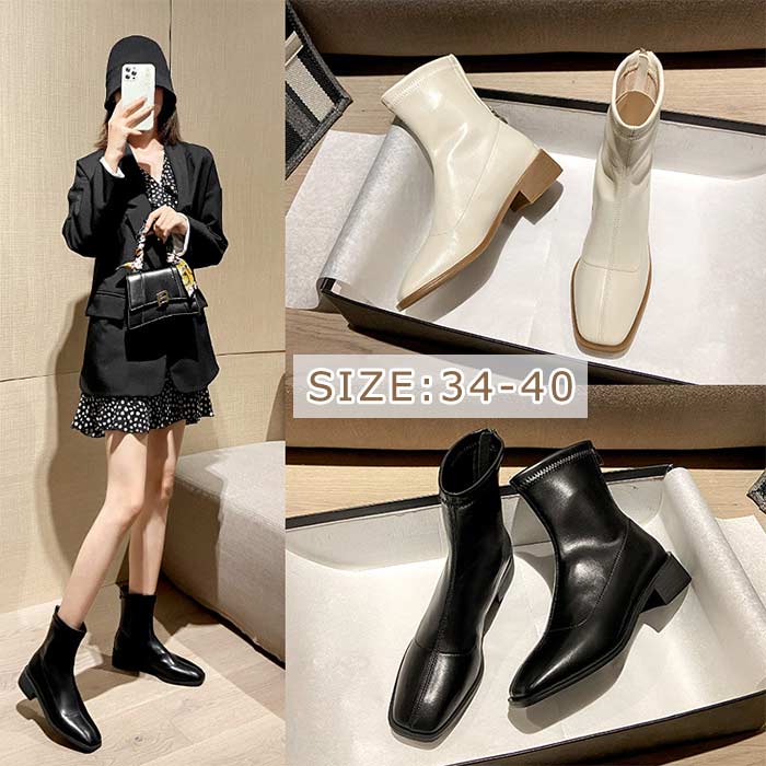 Rakuten - ブーツ レディース　ショートブーツ PUレザー スクエアトゥ レディース ショートブーツ ブーツ ローヒール　4cmヒール 太ヒール ショート ジッパー ショートブーツ レディース スクエア 太