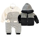 【2点セット カジュアルセットアップ】セットアップ カバーオール ジャケット ロンパース トップス 男の子 女の子 ユニセックス ベビー 新生児 春 秋 冬 キルティング ボーダー ぞう 長袖 ミディアム丈 ネイビー×ホワイ