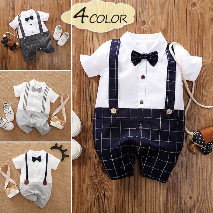 フォーマルロンパース セレモニードレス フォーマルスーツ スーツ セットアップ風ロンパース ロンパース 蝶ネクタイ 男の子 ベビー 新生児 無地 チェック 半袖...