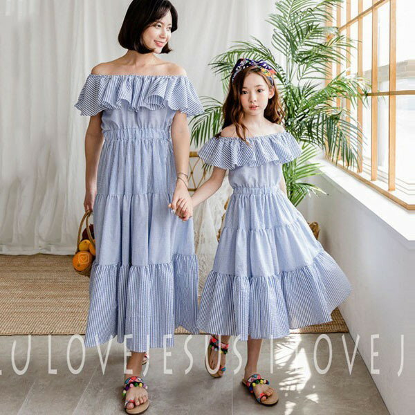 Short Sleeves - ワンピース オフショルダー フリル 肩だし ロング 半袖 子供服 110cm-160cm マキシワンピース ストライプ ワンピース一 フリル ロング ワンピース ノースリーブ 半袖 ワンピース ドレス 韓国子供服 韓国服 子