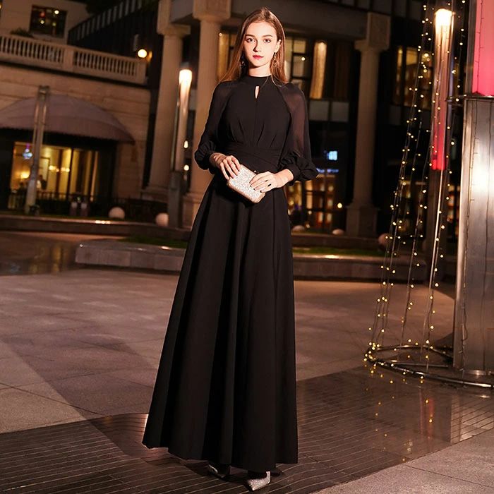 パーティードレス 袖あり ロングドレス 演奏会 黒 カラードレス イブニングドレス 演奏会用ドレス フォーマルドレス カクテルドレス 花嫁 結婚式 Aラインドレス 大きいサイズ ワンピース 二次会 エンパイア お呼ばれ コンサート 発表会 披露宴 夏 X