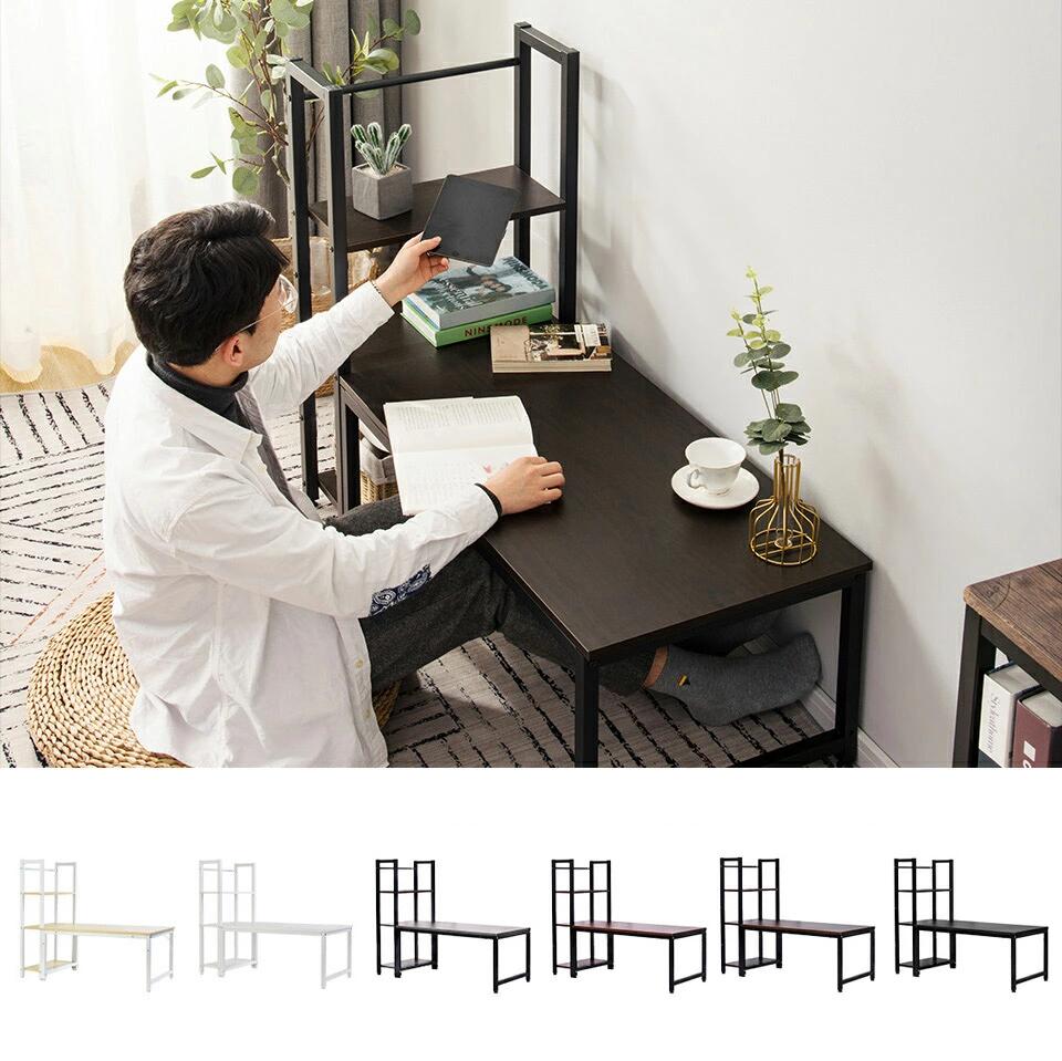 パソコンデスク ロータイプ 一体分離両用 3段シェルフ付 ローデスク 木製 収納付 座デスク ミシン台 シェルフ付きデスク デスク付き 書