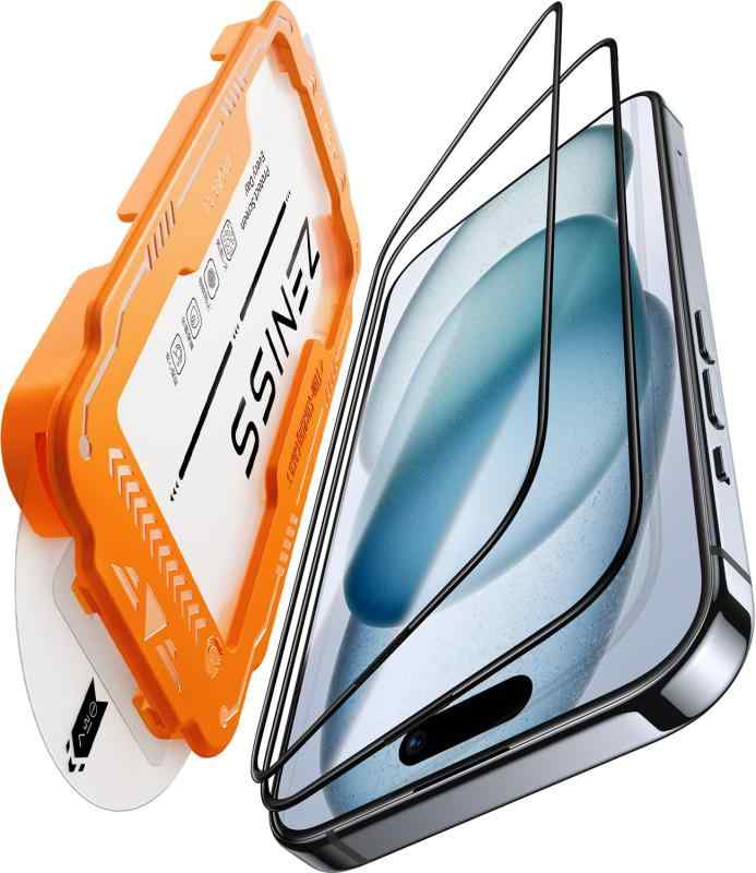 Zeniss iPhone15用の ガラスフィルム に適合する 【米軍規格航空材料&amp;革新的なガイド枠】2枚セット iphone15 フィルム 耐衝撃·硬度10H 全面保護 アイフォン15 保護フィルム 気泡レス 自動吸着 貼