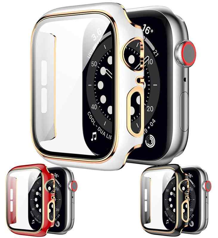 アップルウォッチカバー ケース 38mm 40mm 41mm 42mm 44mm 45mm apple watch用 ガラスフィルム 一体型, Series 9 8 7 SE 6 5 4 3 2 全シリーズに適用 全面保護 ダイヤモンド付けとメッキゴール