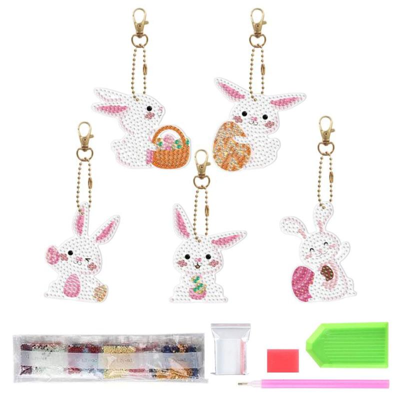 サムコス 5Dダイヤモンド絵画 ウサギ匹 キーホルダー ピンク ウサギ匹 キット 5個セット かわいい 小さなペンダント 両面 複数のスタイル 子供 初心者 DIY手作り 手工芸品 財布 キーペンダン