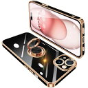 iPhone15 ケース リング付き アイフォン15 リング カバー 耐衝撃 TPU 360°回転 スタンド機能 メッキ加工 車載ホルダー ストラップホール付き 6.1インチ(ブラック)(3)