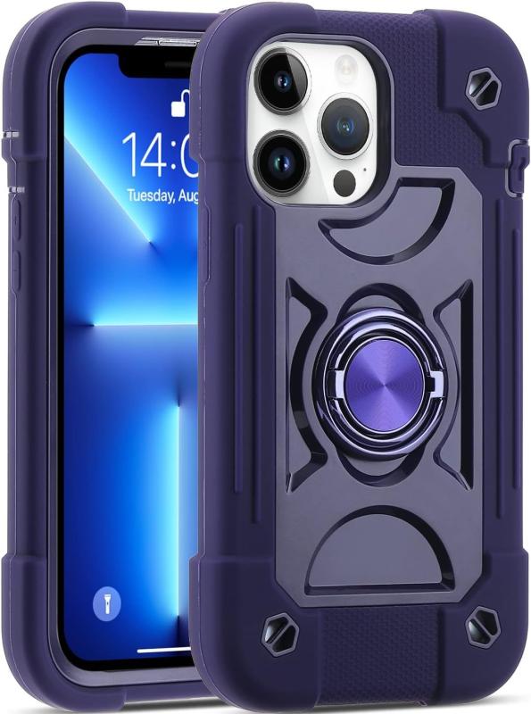 iPhone 15 Pro ケース 耐衝撃 頑丈 360度回転スタンド リング付き付き 虹色 かわいい アイフォン15 プロ ケース 車載ホルダー対応 落下防止 ストラップホール付き アウトドア 子供 仕事用 (紫)(3)