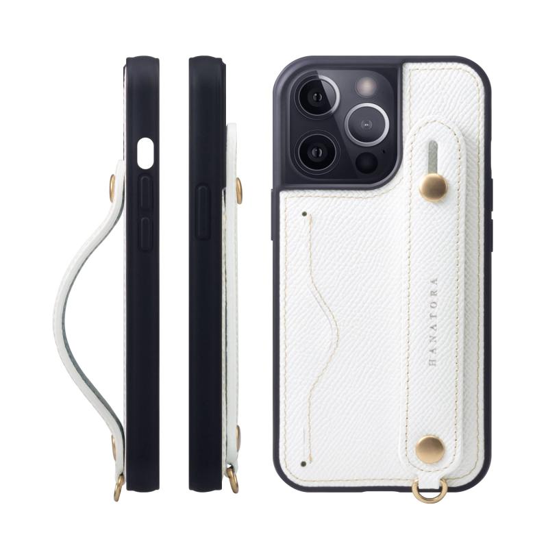 HANATORA iPhone15Pro ケース 本革 耐衝撃 背面ベルト カードポケット スマホケース スマホ スタンド機能 ネック ストラップ 付き エンボスレザー ギフト マグネットなし ホワイト NCGH-15Pro-White