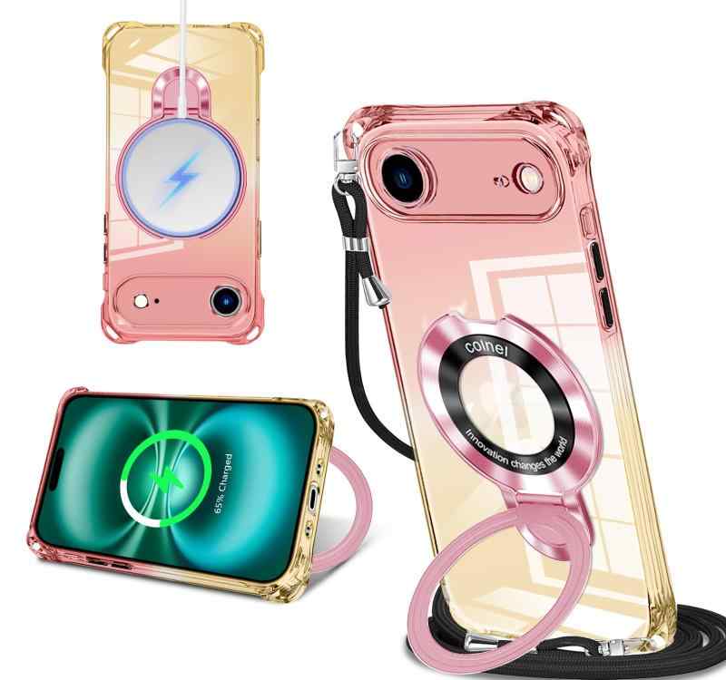Rakuten - iPhone AIR 用 ケース クリア MagSafe対応 リング付き ネック ショルダー アイフォン17air 縄掛けケース 透明 肩掛け 斜めかけ 韓国 可愛い 縄掛け カバー 丸型スタンド付き マグネット搭載 縦横両
