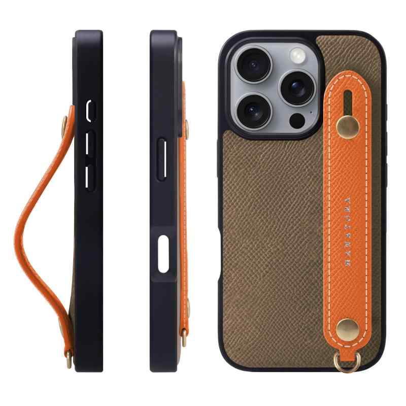 HANATORA for iPhone 16Pro ケース 本革 耐衝撃 背面ベルト スマホケース スマホ スタンド機能 ネック ストラップ 付き エンボスレザー ギフト マグネットなし トープ+オレンジ NGH-16Pro-Taupe-OG