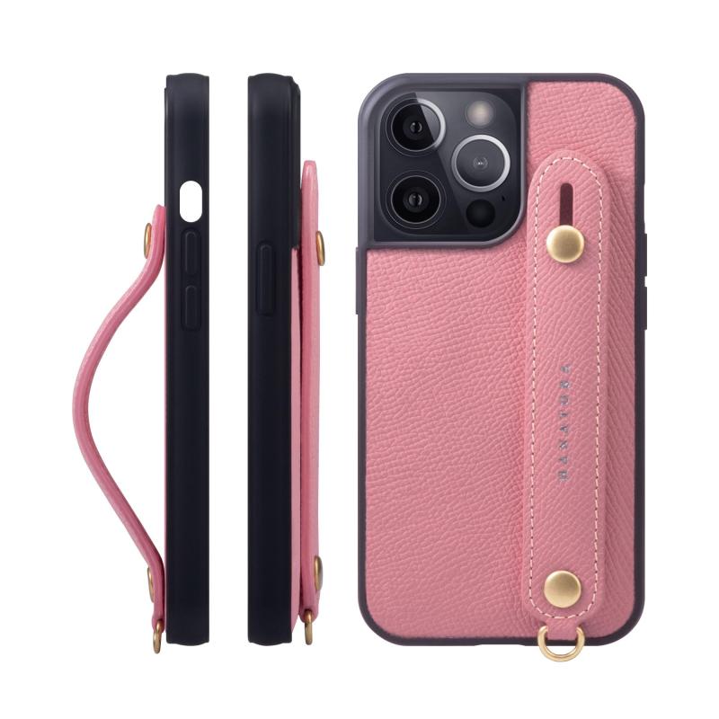 HANATORA for iPhone 15Pro ケース 本革 耐衝撃 背面ベルト スマホケース スマホ スタンド機能 ネック ストラップ 付き エンボスレザー ギフト マグネットなし ピンク NGH-15Pro-Pink