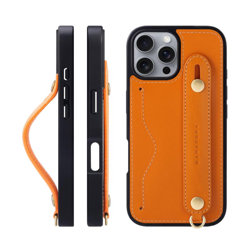 HANATORA for iPhone 16ProMax ケース 本革 耐衝撃 背面ベルト ストラップリング スマホケース スマホ スタンド機能 ネックストラップ 付き イタリアンレザー ギフト オレンジ CGH-16ProMax-Orange