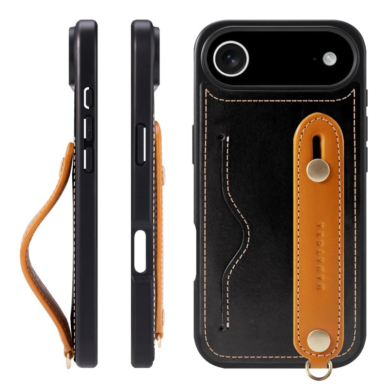 HANATORA for iPhone 17Air ケース 本革 耐衝撃 背面ベルト ストラップリング スマホケース スマホ スタンド機能 ネックストラップ 付き イタリアンレザー ギフト ブラック+オレンジ CGH-17Air-Black-OG