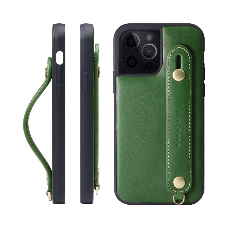 HANATORA for iPhone 15Pro ケース 本革 耐衝撃 背面ベルト ストラップリング スマホケース スマホ スタンド機能 ネックストラップ 付き イタリアンレザー ギフト マグネットなし グリーン TGH-15Pro-G