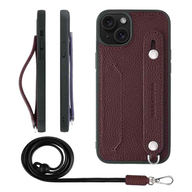 HANATORA for iPhone 15Plus ケース 本革 耐衝撃 背面ベルト ストラップリング スマホケース スマホ スタンド機能 ネックストラップ 付き カードポケット シュリンクレザー ギフト ワイン CGHGZ-15Plus-