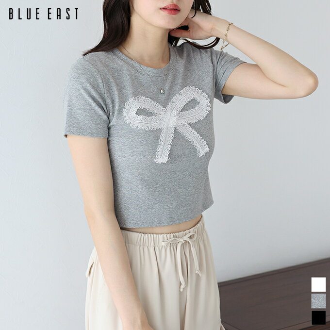 【SALE／50%OFF】Tシャツ カットソー レディース 半袖 トップス プルオーバー クルーネック リボン レース シンプル カジュアル 大人 かわいい 可愛い きれいめ おしゃれ トレンド 春 夏 着回し BLUEEAST【ネコポス】のサムネイル