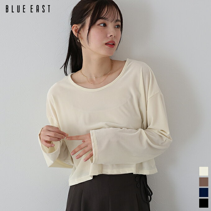 【10/3 10:59まで！40%OFF中】シアーベロアショート丈ロンT カットソー 光沢 シアー レディース 長袖 トップス ショート丈 クロップド丈 プルオーバー フィンガーホール クルーネック インナー 無地 レイヤード トレンド 着回し 秋 冬 BLUEEAST【ネコポス】のサムネイル