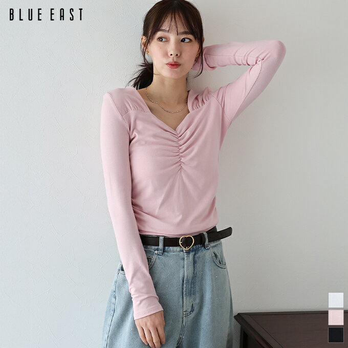 Rakuten - 【5/1 13:59まで！タイムセール／10%OFF中】ハートネックギャザーカットソー Tシャツ ロンT ロングTシャツ カットソー レディース 長袖 トップス 大人 シンプル カジュアル きれいめ おしゃれ トレンド かわいい 着回し BLUEEAST【メール便】