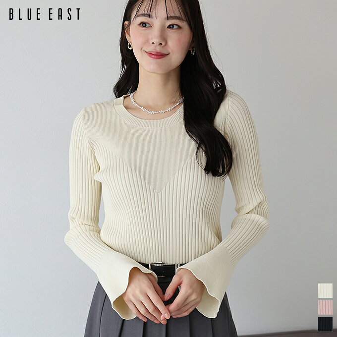 Rakuten - 【SALE／50%OFF】切替デザインリブニット レディース 長袖 トップス プルオーバー クルーネック フレアスリーブ フレアー袖 フレア袖 V字切り替え 大人 カジュアル きれいめ シンプル 無地 オフィス 通勤 着回し 春 秋 冬 BLUEEAST