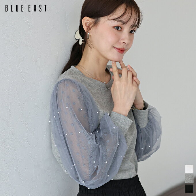 【9/11 10:59まで！10％OFF中】パール付きチュール袖カットソー Tシャツ レディース 長袖 トップス プルオーバー クルーネック シアー シースルー チュール ドット ボリューム袖 ゆったり かわいい おしゃれ トレンド 春 夏 秋 着回し BLUEEASTのサムネイル