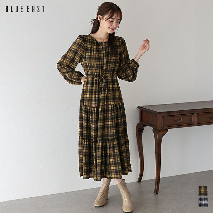 【送料無料】チェック長袖ワンピース