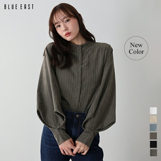 【送料無料】【新色ストライプ・ブラウン追加】スタンドカラーボリュームスリーブシャツのサムネイル